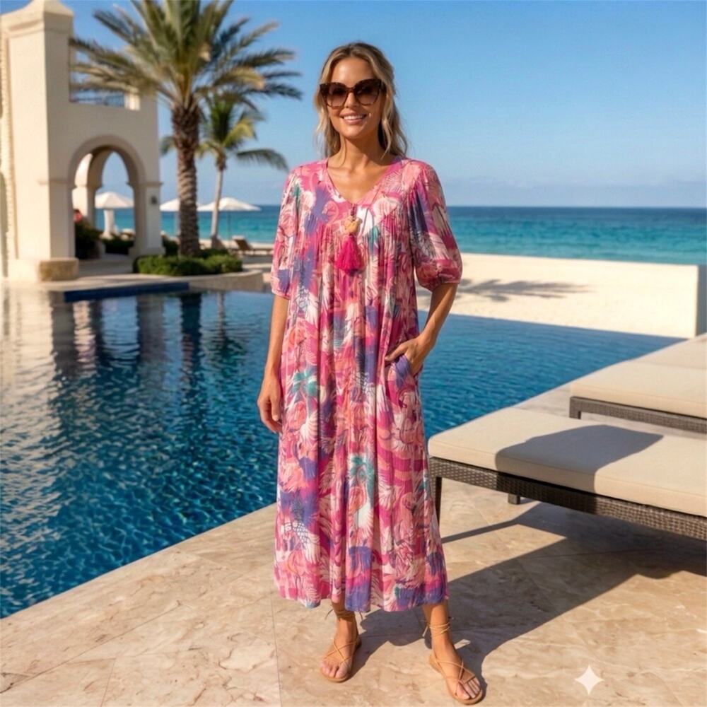 Go Softly Patio Kaftan Dress L Pink Flamingo Tropical Zip Front Pockets Resort